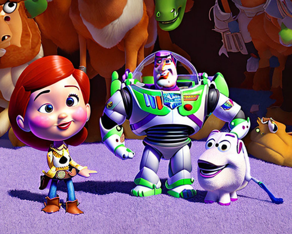 Toy Story characters Woody, Buzz Lightyear, and Jessie in vibrant toy scene