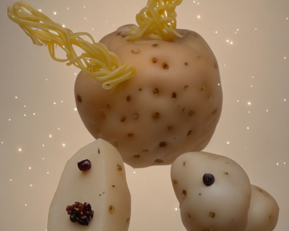 Whimsical mouse food sculpture with potato body and spaghetti ears