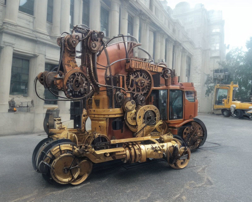 Steampunk-style vehicle with intricate gears parked on city street