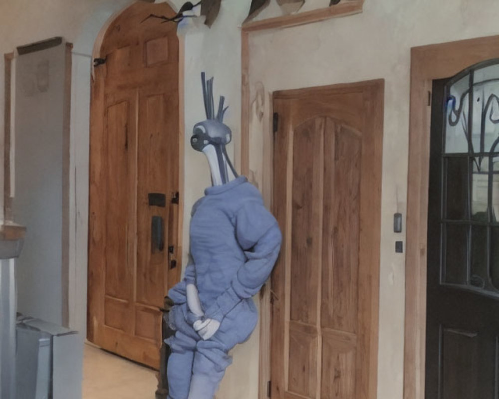 Person in Grey Insect Costume in Hallway with Wooden Doors and Bird Sculptures