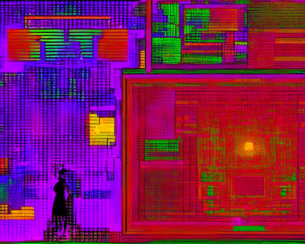 Glitched digital image: Silhouette beside colorful abstract rectangles