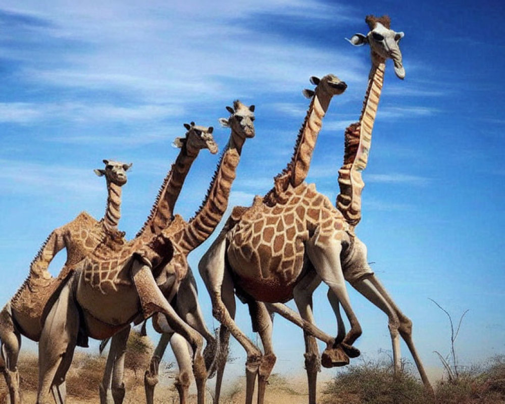 Group of Giraffes Walking Under Clear Blue Sky