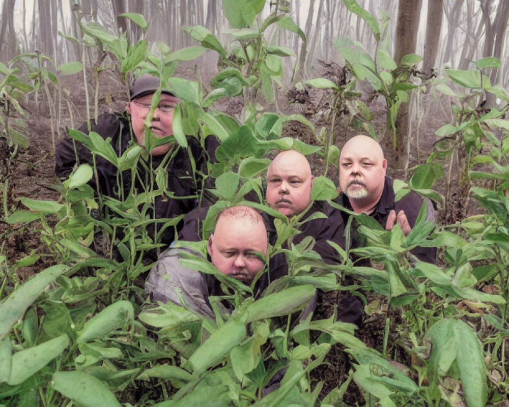 Four Men Camouflaged in Black in Green Crop Field with Misty Background