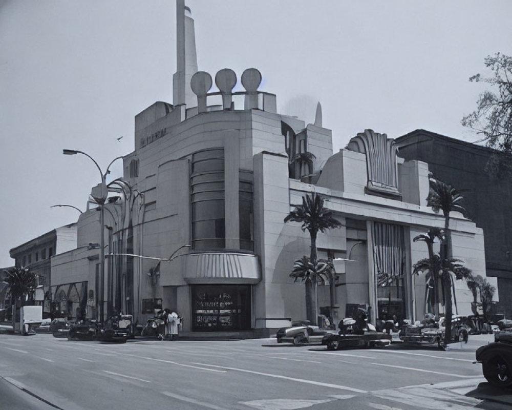 Vintage Black and White Photo: Art Deco Style Cinema with Classic Cars