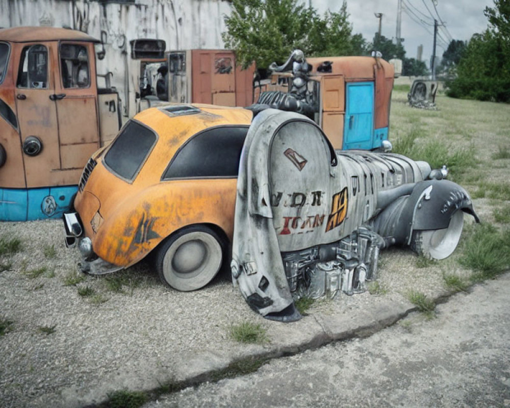 Modified Volkswagen Beetle with futuristic design and exposed engines parked next to colorful vans