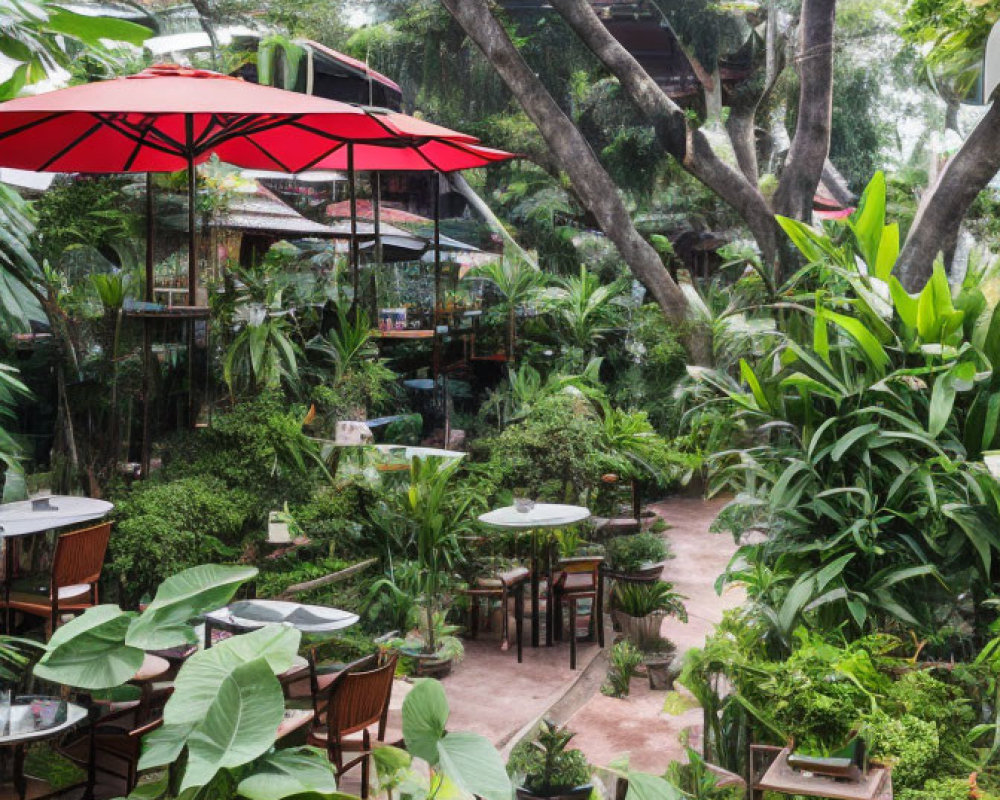 Tranquil outdoor dining at lush garden café with red umbrellas