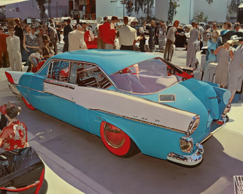 Vintage Blue Concept Car with White Roof and Red Accents at Outdoor Event