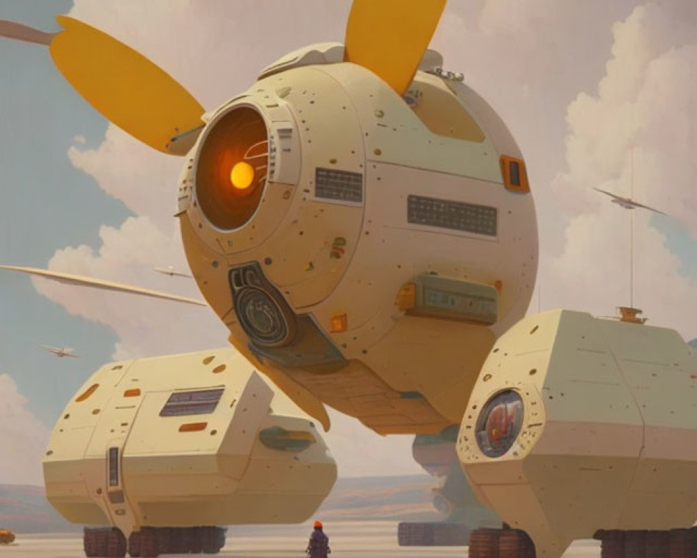 Large spherical yellow and white spaceship in futuristic desert scene