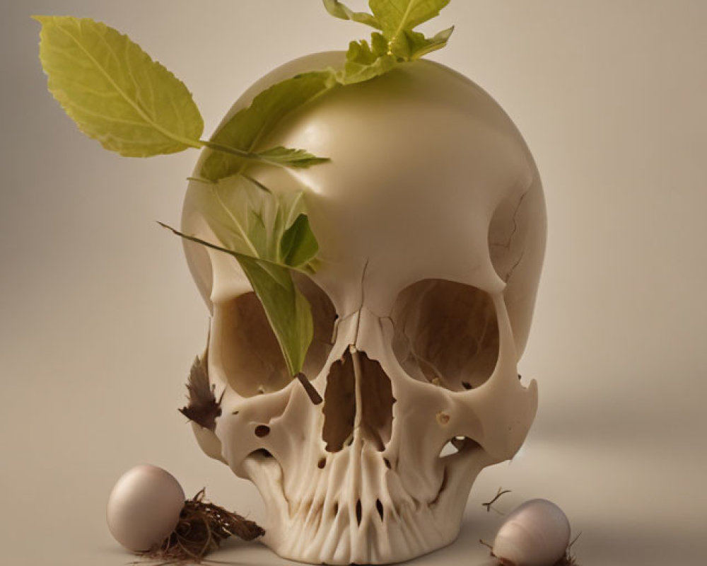 Skull with green leaves and eggs on twigs.