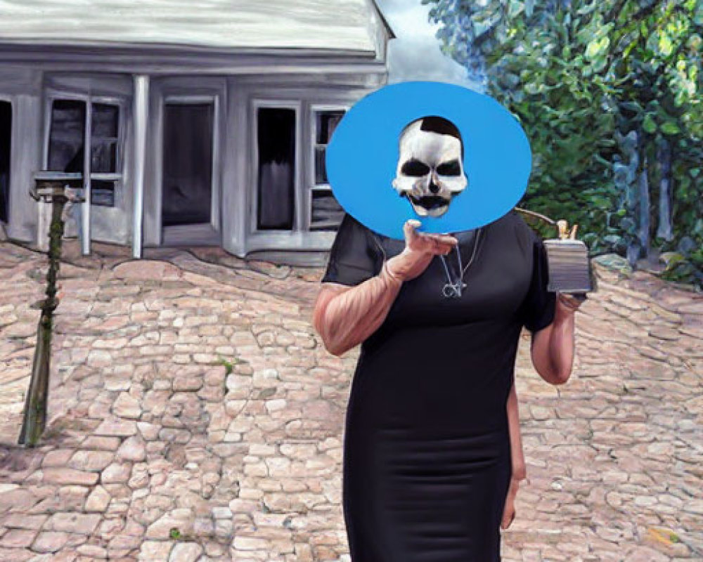 Person in black dress holding skull on cobblestone path with house in background