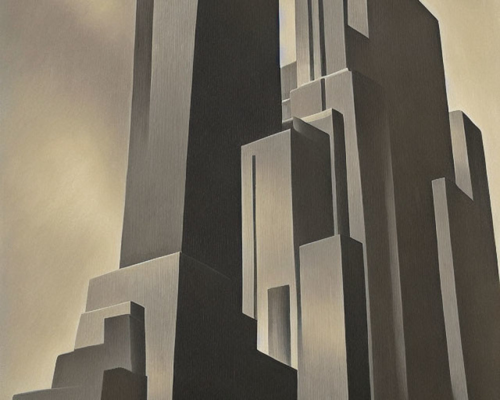 Geometric skyscrapers in art deco style with contrasting light and shadow