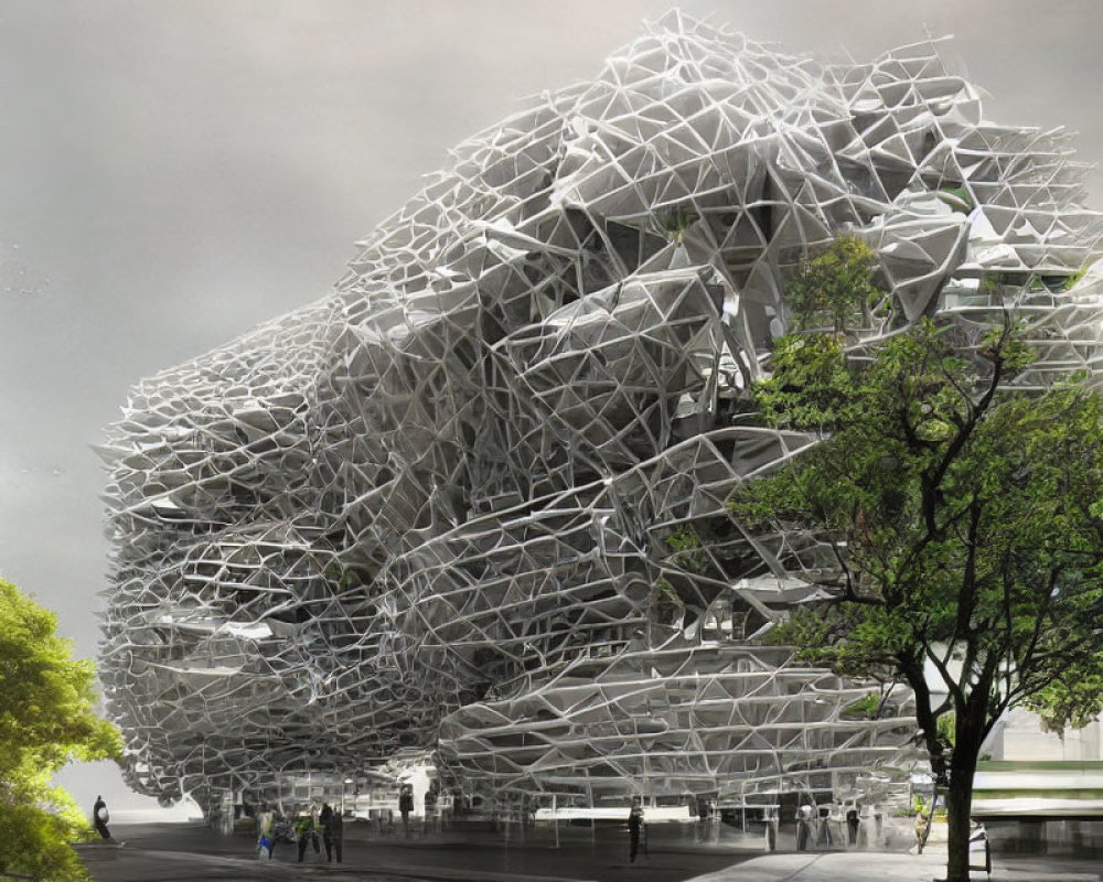 Modern geometric building in green landscape with pedestrians on overcast day