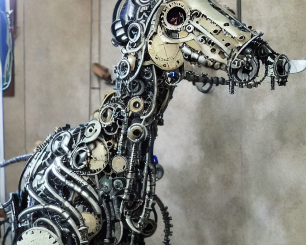 Metallic Horse Sculpture Made from Gears, Chains, and Cogs on Display