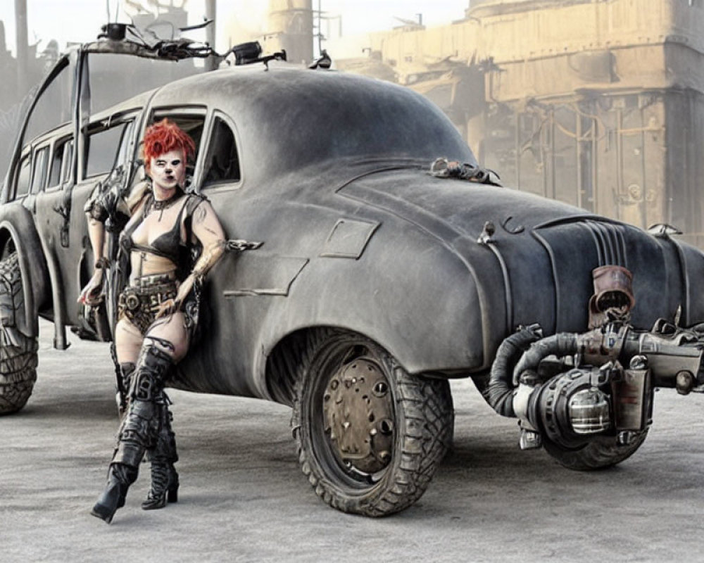 Red-haired person in post-apocalyptic attire next to modified vintage car in industrial setting