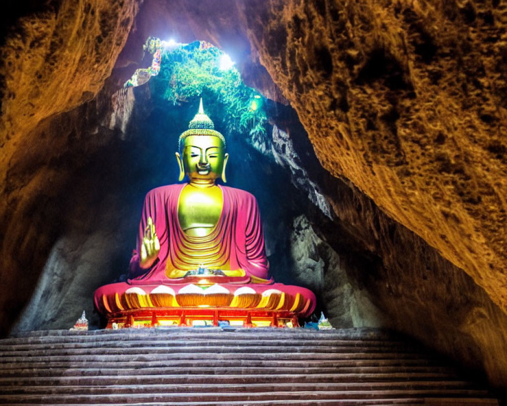 Buddha statue meditating in dimly lit cave