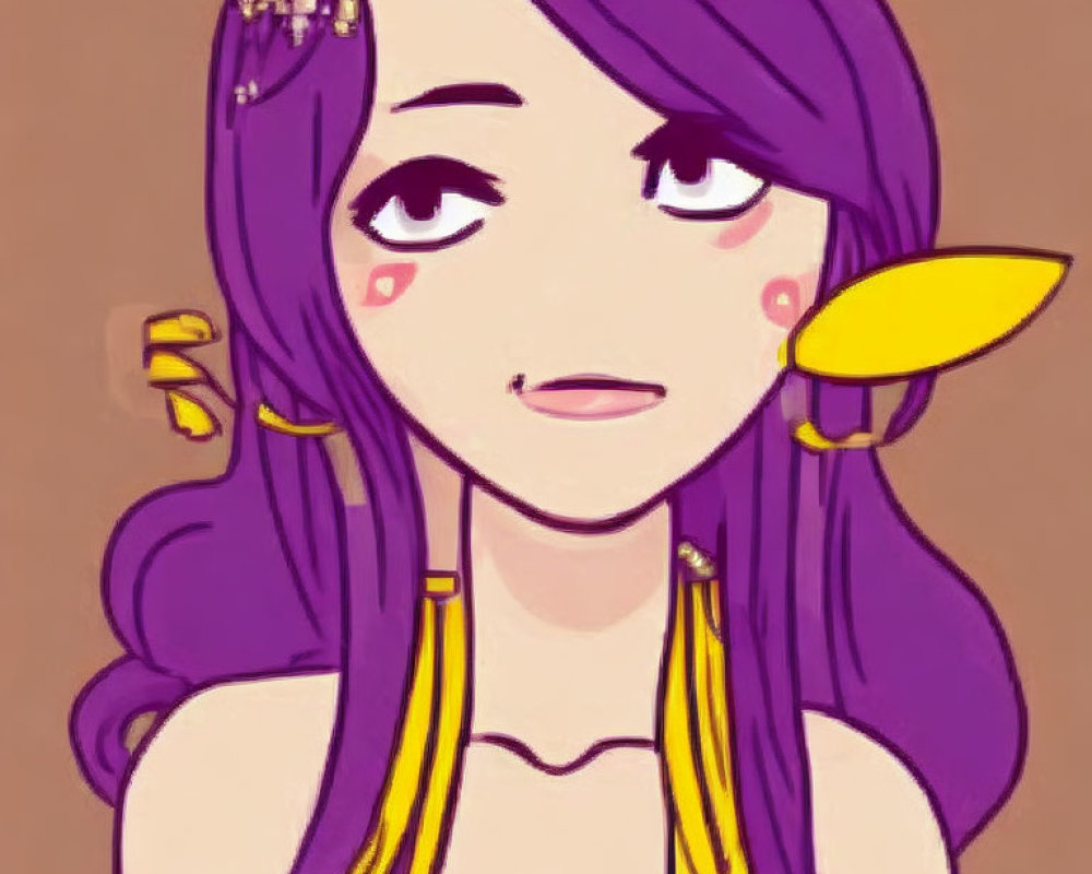 Purple-haired person with yellow accessories in gentle expression