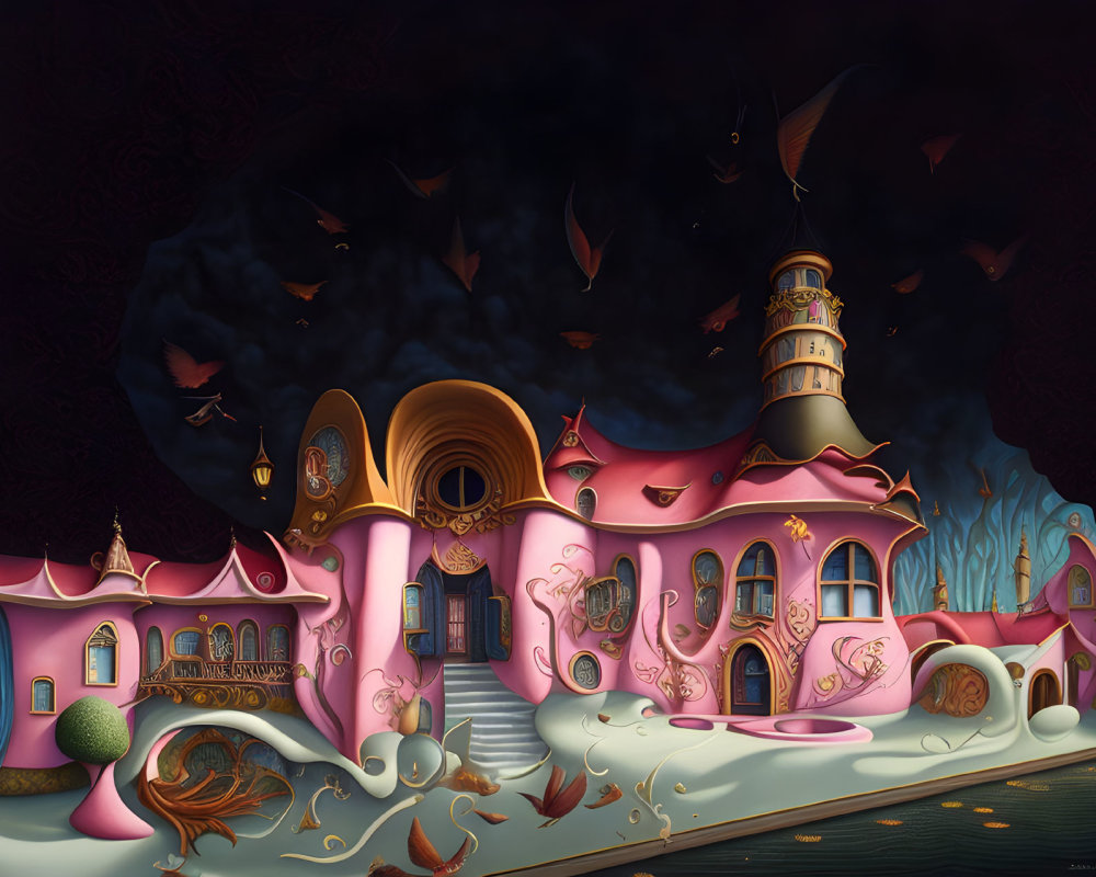 Pink fantasy building with lighthouse and flying books in dark sky