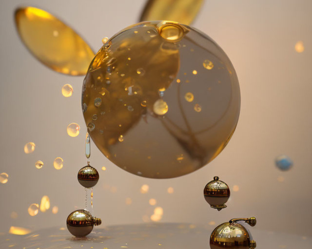 Translucent bubble with golden ears above reflective surface