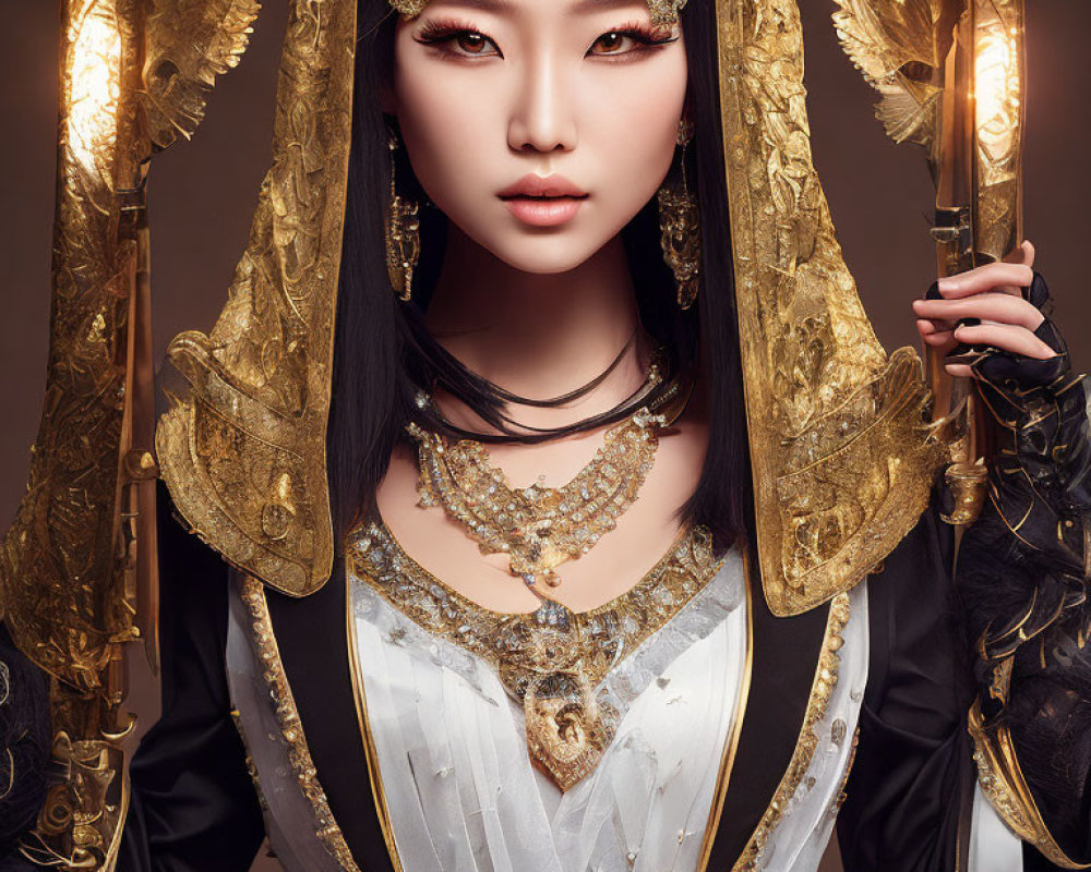 Regal Woman in Golden Headgear and White-Gold Attire with Staff