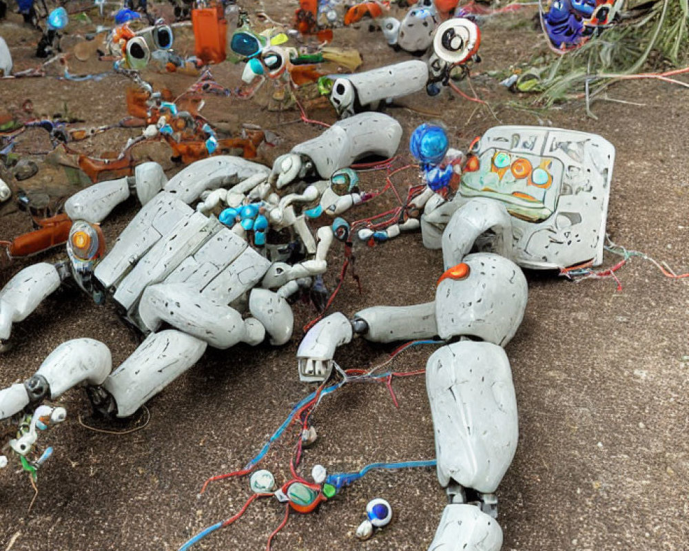 Dismantled Robot Parts and Colorful Wires in Greenery