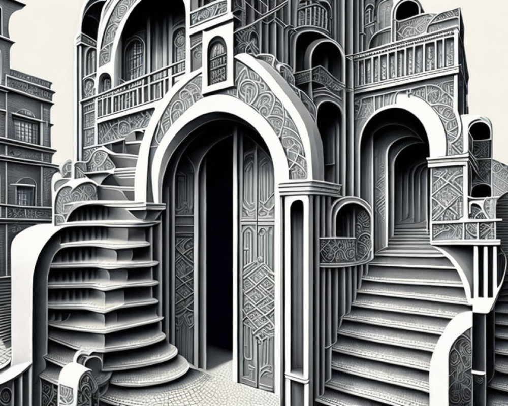 Detailed black and white illustration of fantastical architectural structure