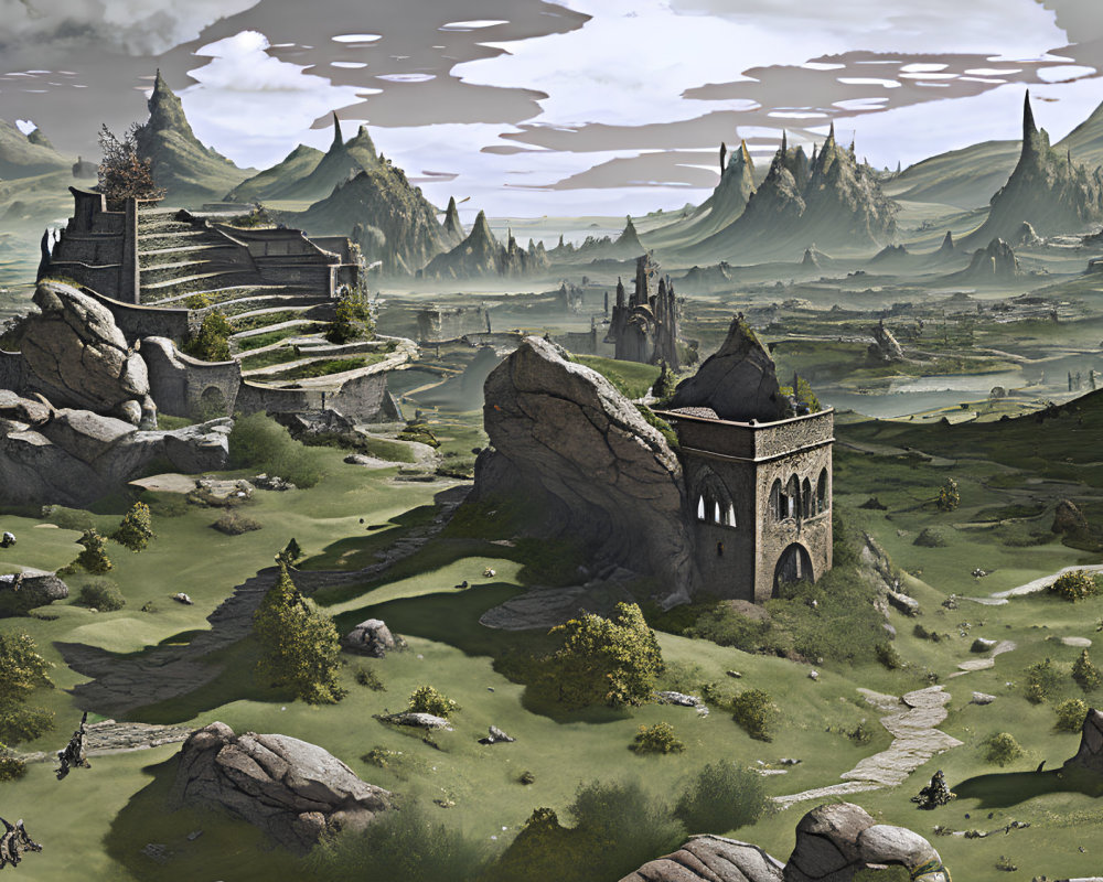 Fantasy landscape with ancient ruins, rolling hills, towering rock formations