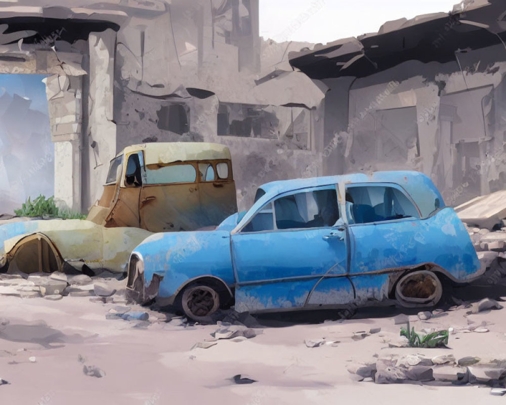 Digital painting of abandoned blue car and yellow van in post-apocalyptic scene