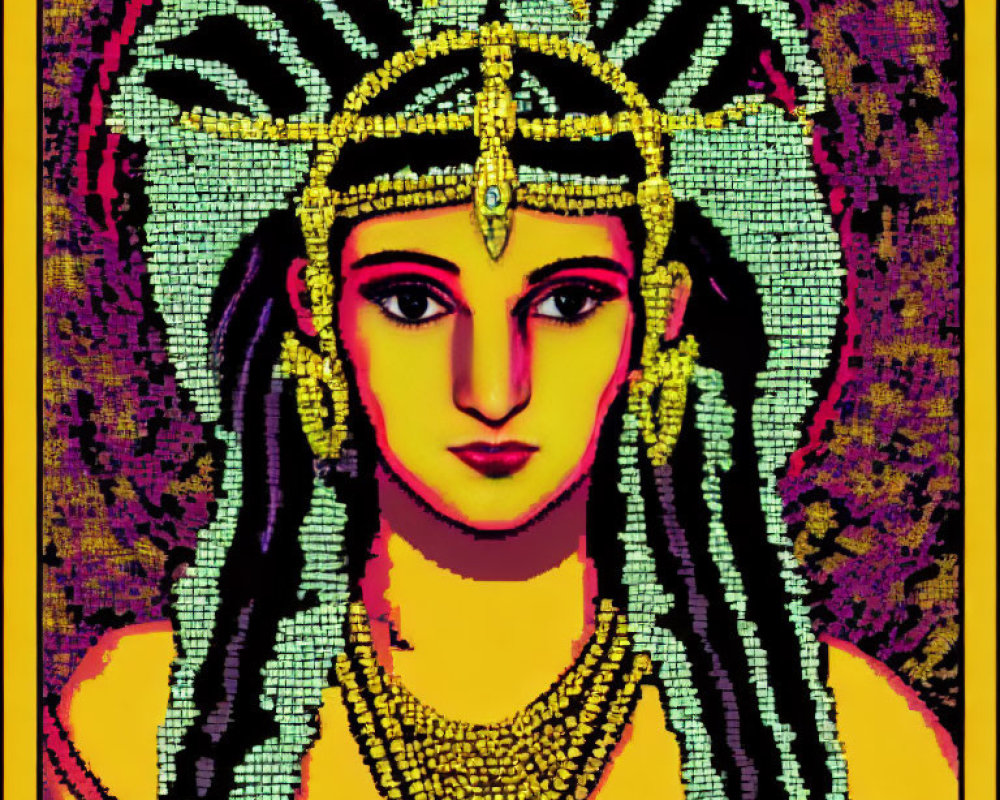 Colorful Pixelated Figure with Headdress and Jewelry on Patterned Background