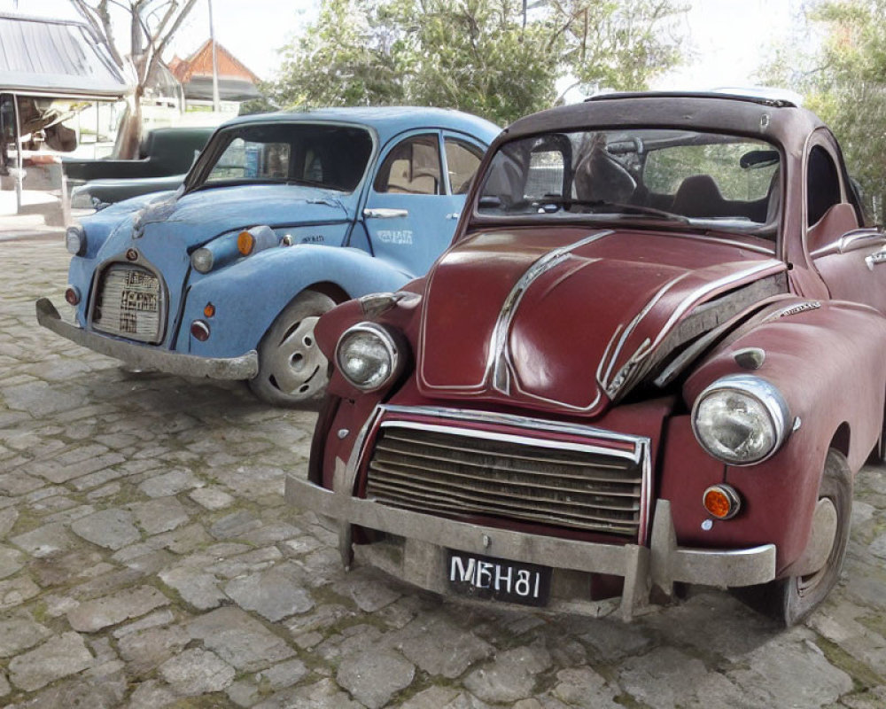 Vintage Blue and Red Citroën 2CV Cars on Cobblestone with Greenery