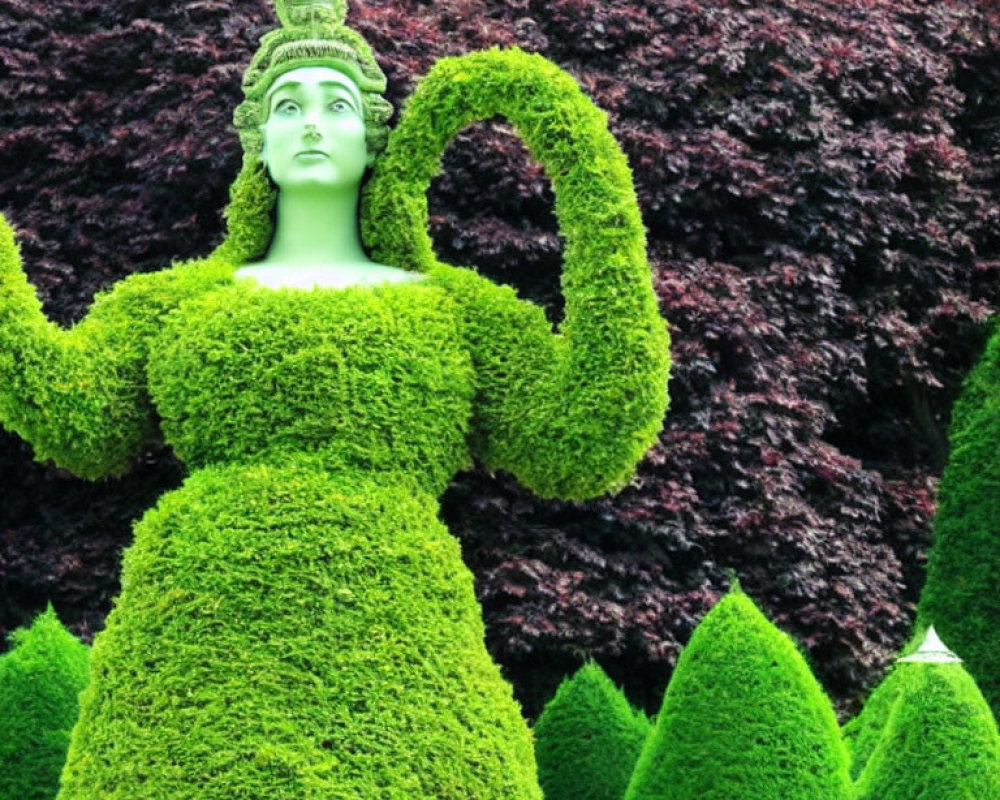 Detailed Woman Topiary Sculpture with Greenery Dress and Headpiece on Dark Foliage