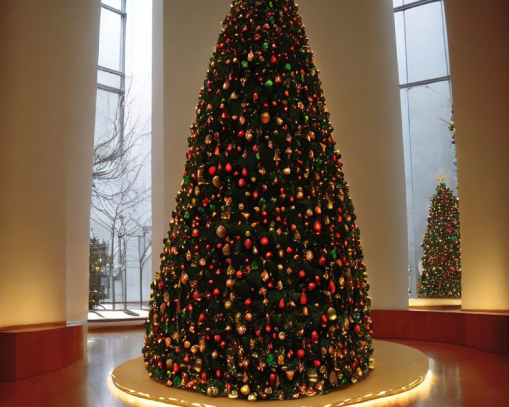 Festive indoor Christmas tree with lights and ornaments