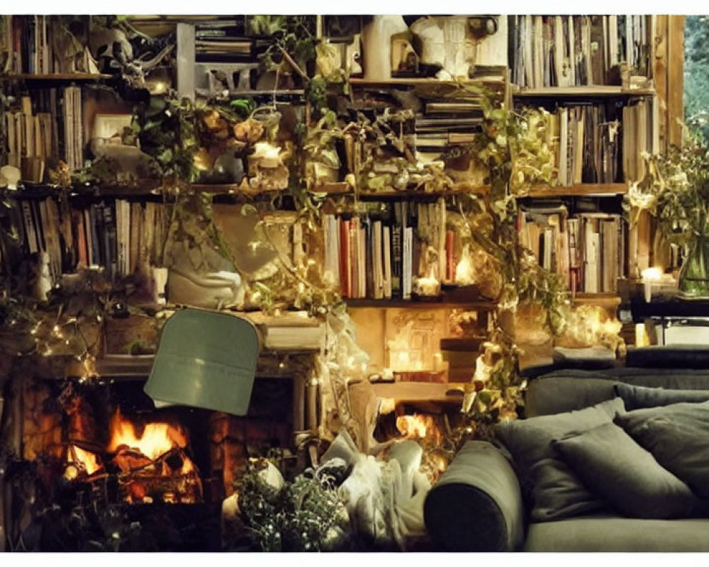 Cozy Room with Fireplace, Bookshelf, Plants, Fairy Lights, Grey Sofa