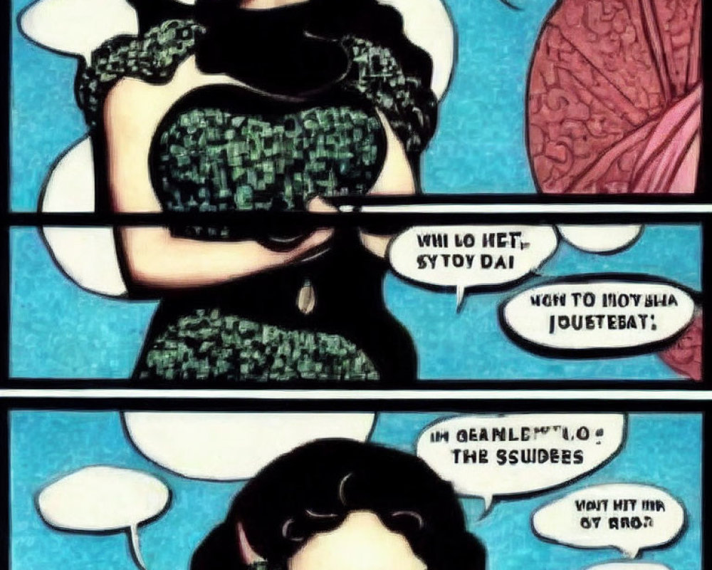 Dark-haired woman in green dress speaking in stylized text bubbles in close-up panel