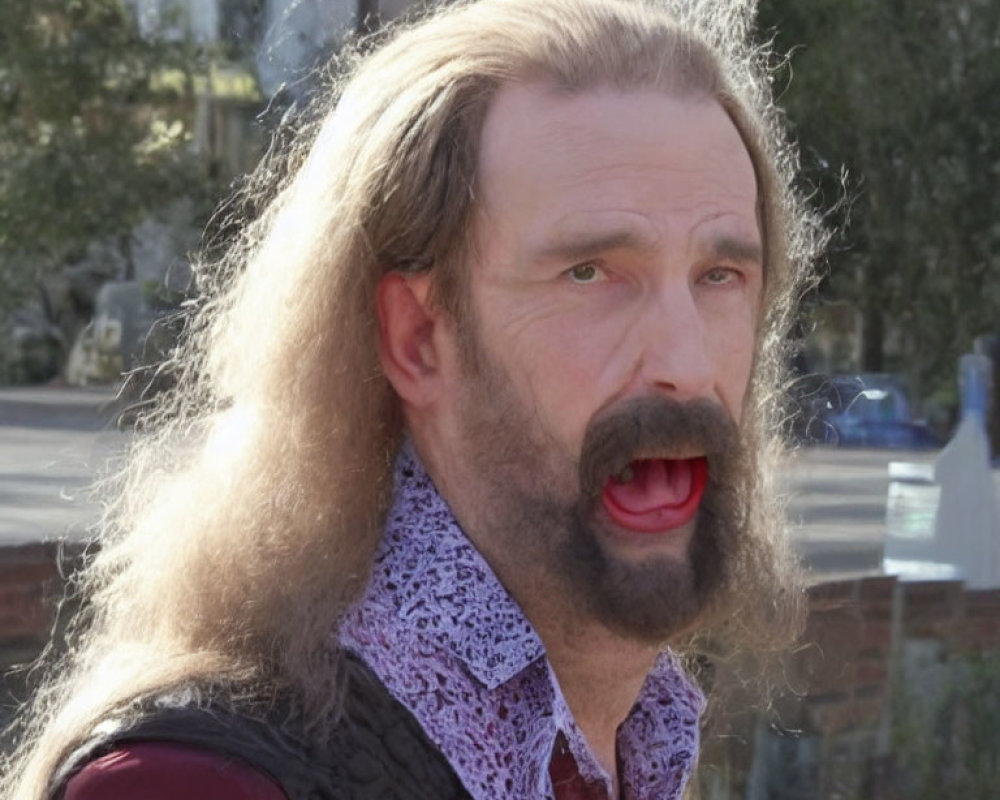 Man with long curly hair and beard squinting outdoors in sunlight.