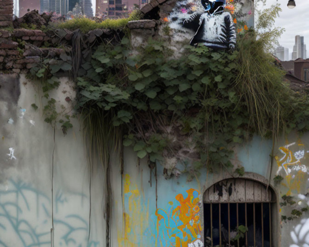 Weathered wall graffiti: figure in helmet, vines, rusted gate, city skyline