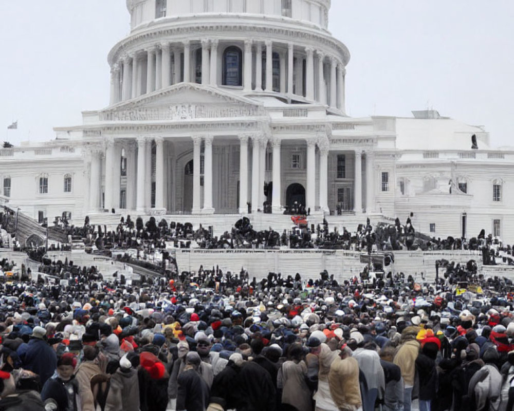 Crowd gathers in front of Capitol Building for event.