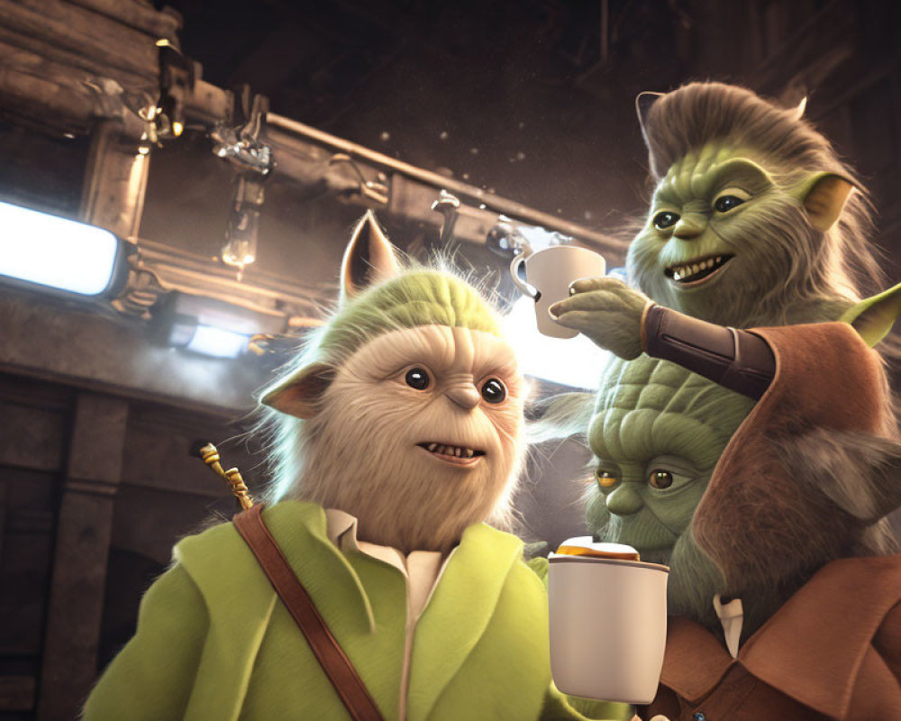 Three animated characters resembling Yoda with different expressions and one holding a cup