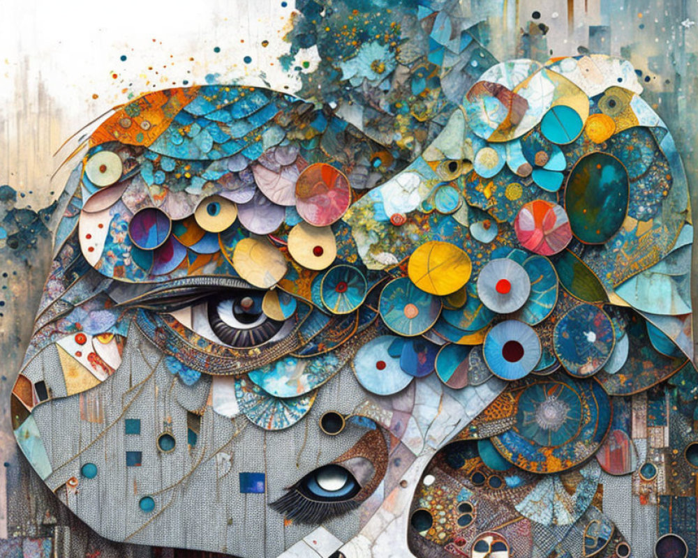 Abstract mosaic artwork featuring face-like design in vibrant blues, browns, and golds