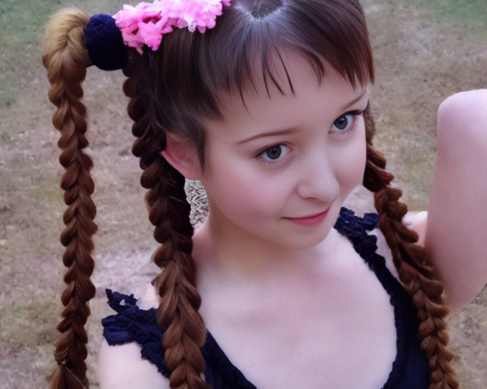 Girl with Braided Pigtails and Pink Flowers Taking Selfie in Navy Dress