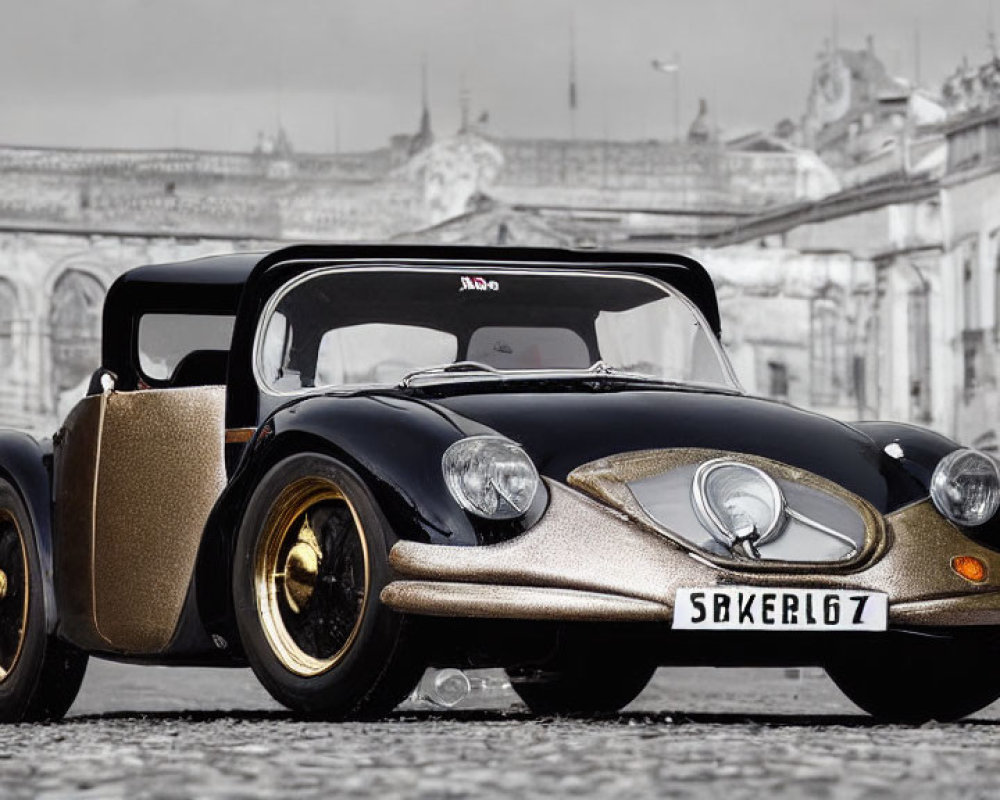 Vintage Black Car with Gold Wheels on Cobblestone Street & Historical Buildings