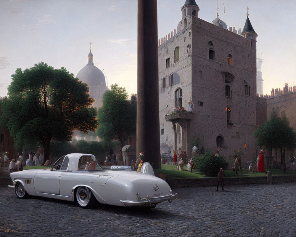 Vintage Car Parked in Front of Medieval Castle with People in Period Attire at Dusk