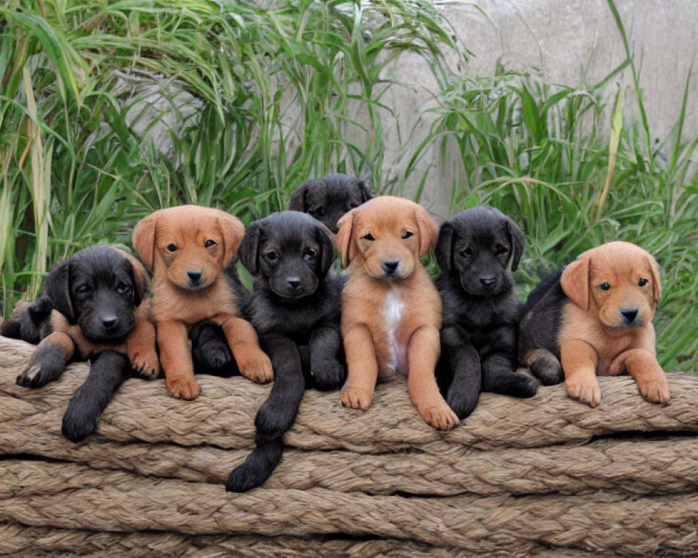 Six adorable brown and black fur puppies on rope bed with green plant and grey wall