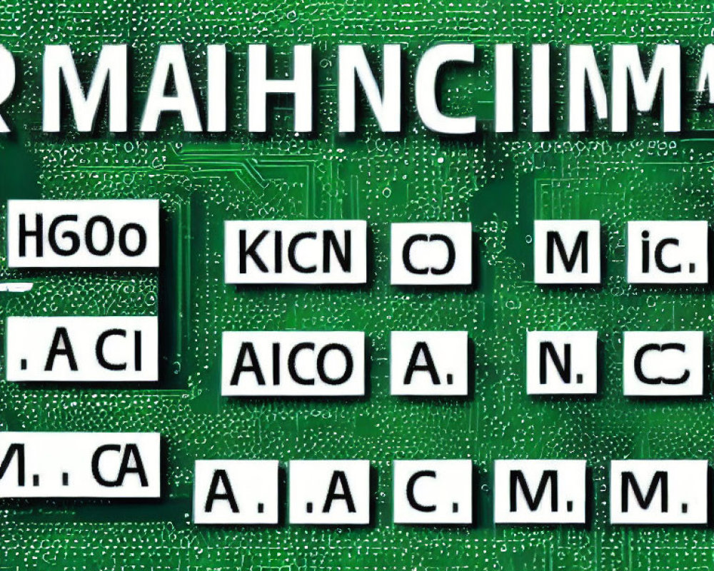 Chemistry-related terms spelled out with Scrabble tiles on circuit board background