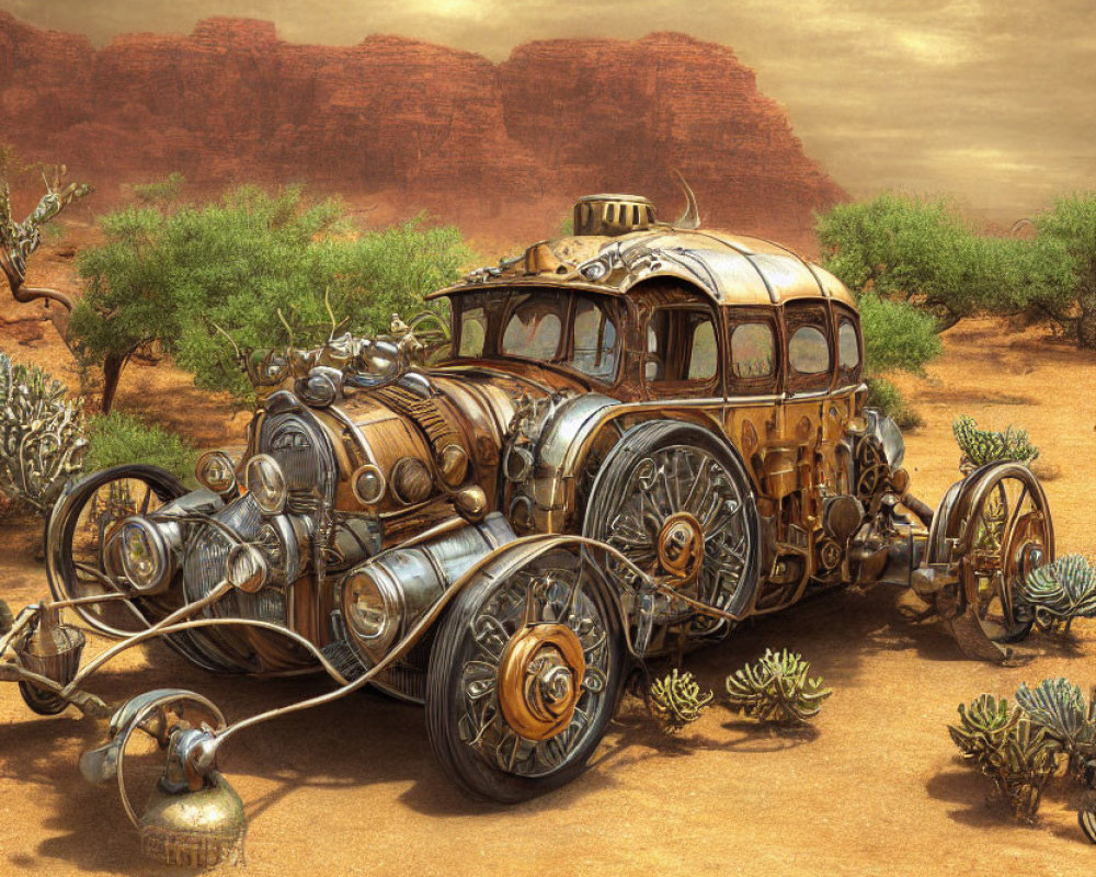 Steampunk-style vehicle in desert with red cliffs