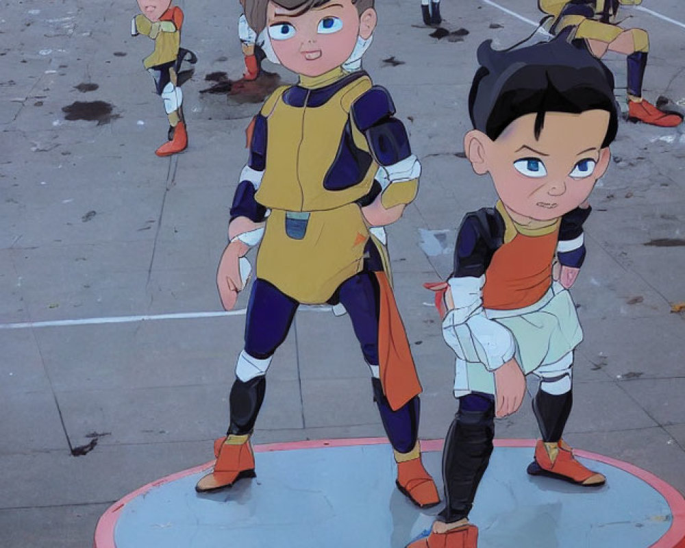 Animated characters resembling Dragon Ball Z fighters as children in realistic playground setting.