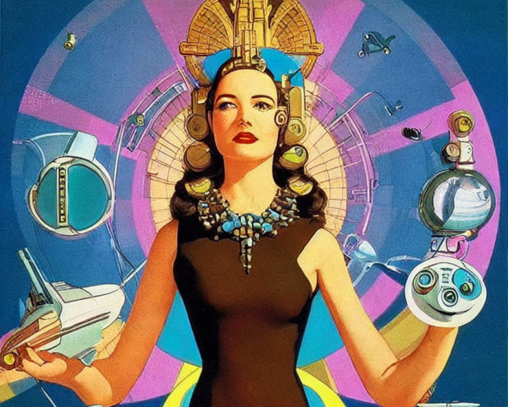 Stylized retro-futuristic woman with sci-fi robot, spacecraft, and technological halo.