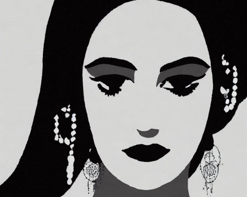 Monochromatic stylized portrait of woman with dark hair and bold eyelashes