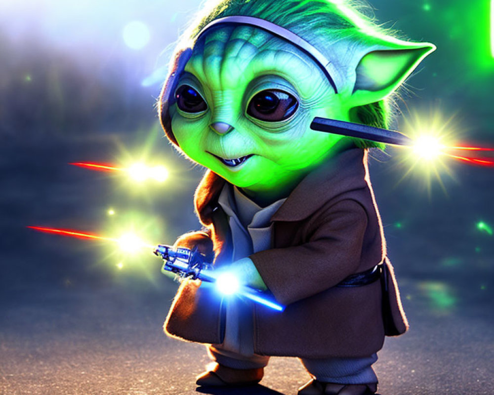 Green, Big-Eared Character with Lightsaber in Dramatic Setting