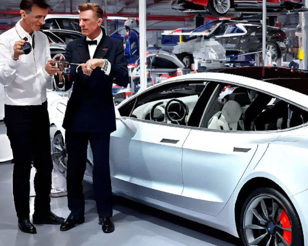 Men exchanging car keys in luxury car showroom setting.