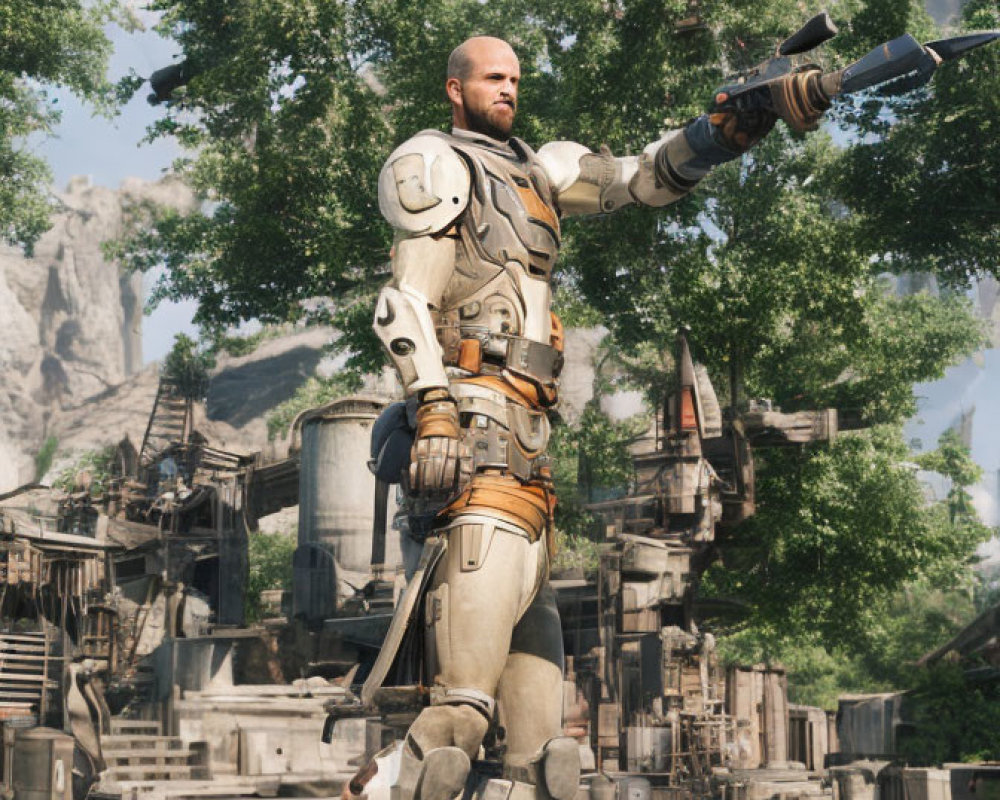 Bald, Muscular Character in Futuristic Armor with Gun at Stone Fortress